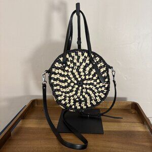 Rebecca Minkoff Black Cream Woven Straw Circle Tote Crossbody